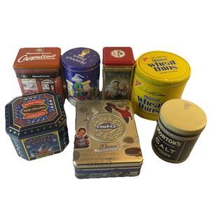 Decorative Storage Tin Lot (7) Hershey’s Oreo Wheat Thins Morton’s Droste’s